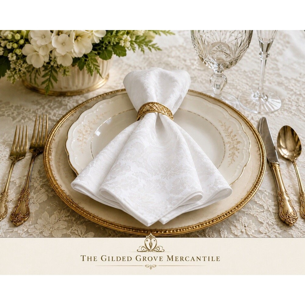 Vintage Set of 8 White Damask Cloth Napkins Floral Jacquard 16” Table Linens